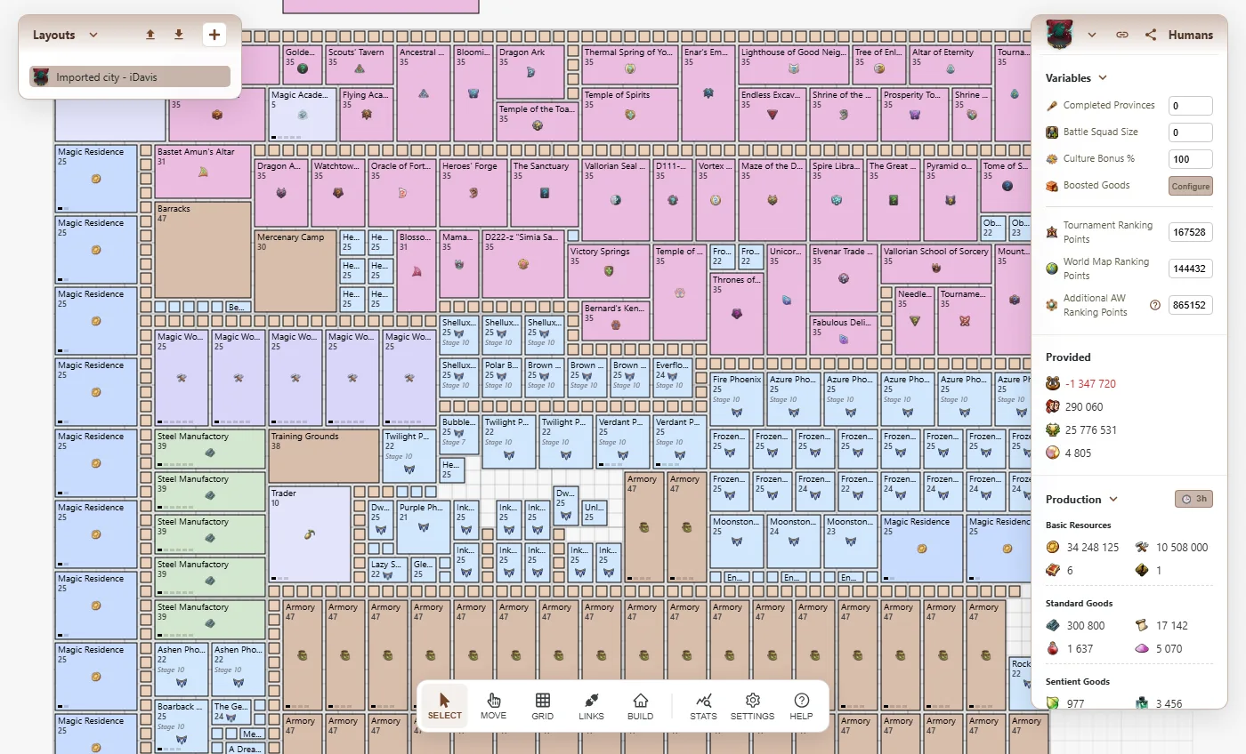 City Planner editor with an imported Elvenar city